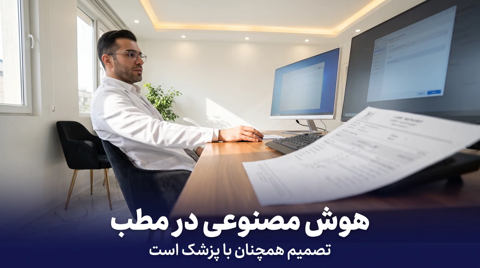 میز کار پزشک با گوشی در حال ضبط صدا و برگه‌ی آزمایش کنار مانیتور، بدون هیچ نشانه‌ای از رباتیک یا فانتزی