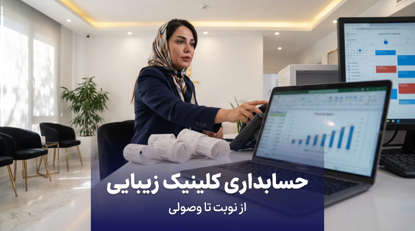 منشی کلینیک زیبایی پشت میز پذیرش، رسیدهای کارتخوان روی میز، نمودار گزارش مالی روی لپ‌تاپ و تقویم نوبت‌دهی روی مانیتور پشت سرش