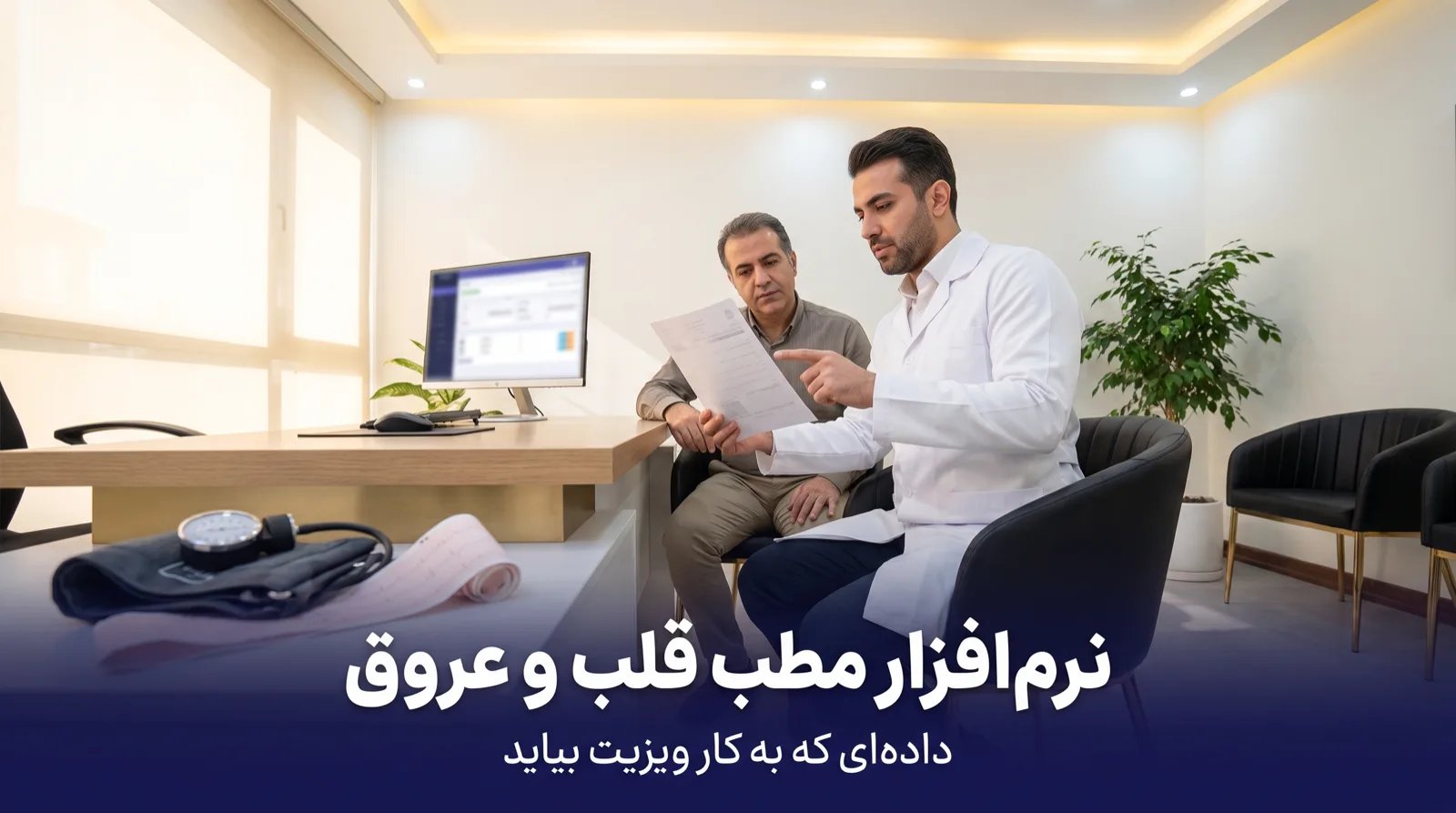 پزشک قلب گزارش چاپی را جلوی بیمار گرفته و با انگشت رویش توضیح می‌دهد؛ فشارسنج و نوار قلب روی میز