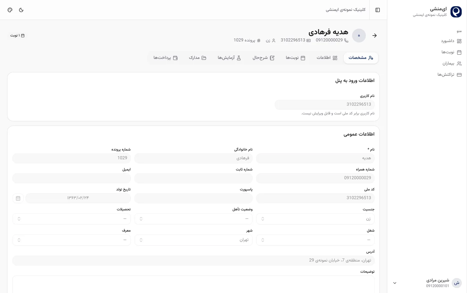 پرونده‌ی یک بیمار در پنل ایمنشی با تب‌های مشخصات، نوبت‌ها، شرح‌حال، آزمایش‌ها و پرداخت‌ها