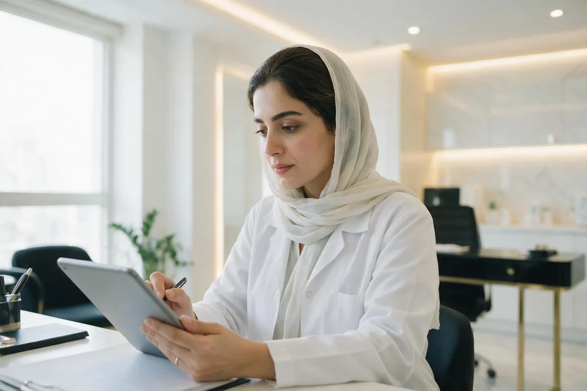 پزشک کلینیک زیبایی در حال ثبت شرح‌حال بیمار روی تبلت با هوش مصنوعی ایمنشی