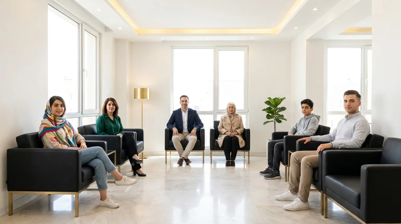 سالن انتظار شلوغ یک کلینیک در بعدازظهر؛ بیماران روی صندلی‌ها نشسته‌اند و منتظرند